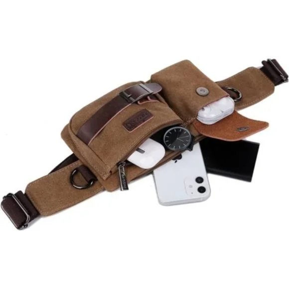 Men's Waist Bag Sports Coffee Canvas Belt Bag - Picture 6 of 8
